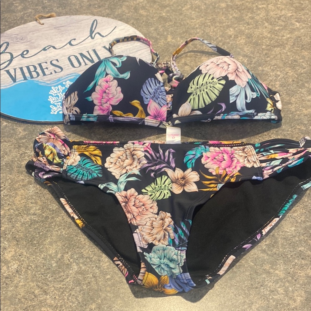 No Boundaries Floral Bikini - Black and Multicolor